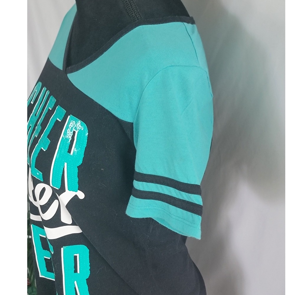 Justice Girls Cheer T-Shirt Black Teal Sequin Graphic Active Top Size 14/16 - Picture 2 of 4